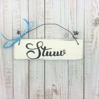 Holzschild Türschild „Stuuv" Deko Wohnzimmer Vintage Scandi Style Handgemacht Tür Zuhause Hängedekoration Dekor Weiß Plattdeutsch von Kinners73