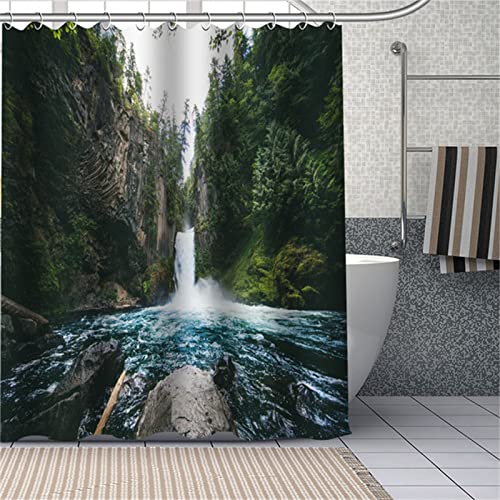 Duschvorhang 240x180cm,Anti-Schimmel Wasserabweisend Waschbar Gewichteter aus Polyeste Leinen Duschvorhänge,3D Shower Curtains mit Haken,Textil Badvorhang für Dusche und Badewanne Wasserfall-Berg von Kinooge