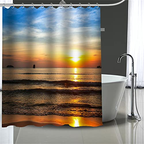 Duschvorhang 300x180cm,Anti-Schimmel Wasserabweisend Waschbar Gewichteter aus Polyeste Leinen Duschvorhänge,3D Shower Curtains mit Haken,Badvorhang für Dusche und Badewanne Sonnenuntergang Am Meer von Kinooge