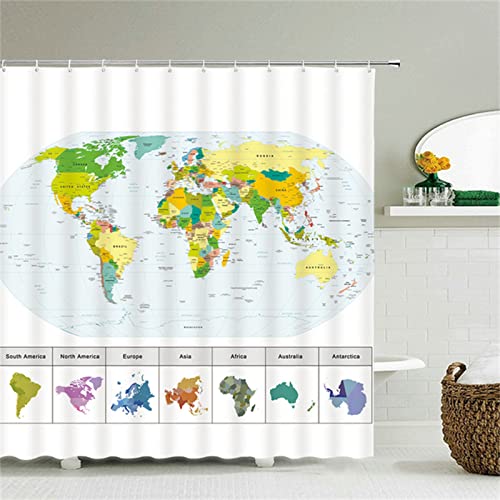 Kinooge Duschvorhang 180x210cm, Weltkarte Duschvorhänge Antischimmel Wasserdicht Gewichteter Polyester Stoff, Waschbar, 3D Shower Curtains mit Haken, Textil Badvorhang für Dusche und Badewanne Dekor von Kinooge