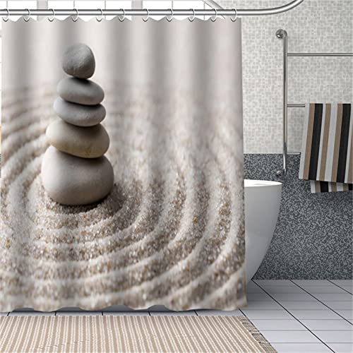 Steinstrand Duschvorhänge 180x180cm, Gewichteter Saum, Waschbar, Anti-Schimmel, Schnell Trocknend Polyestergewebe Duschvorhang Bringen Zubehör, für Dusche und Badewanne Shower Curtain mit 12 Haken von Kinooge