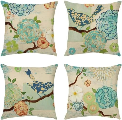 Wasserdichter Kissenbezug 4 Stück 40x40cm Blumen Vogel Dekorative Outdoor Kissen Blau Quadratisch Doppelseitig Wasserfest Atmungsaktiv Kissenbezug für Sofakissen Garten Outdoor Deko Geschenk D-871 von Kinooge