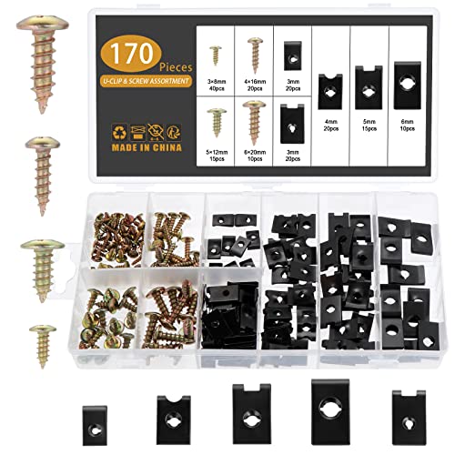Kinsinder 170 Stück U-Clip Mutter und Schrauben Set, Schraube Mutter Clip Kit, Blechmuttern Sortiment, U-Typ Blechmuttern, U-Typ Metall Clipmutternfür Auto von Kinsinder