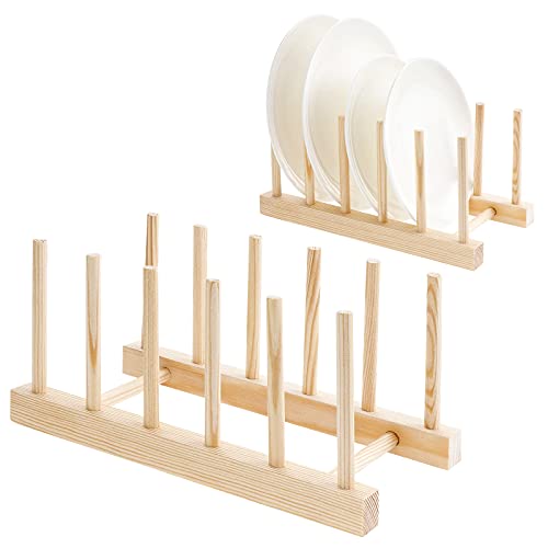 Kinsinder 2 Stück Tellerständer Abtropfgestell Bambus Geschirrabtropfgestell, 5 Steckplätze Tellerhalter Holz, Abtropfgestell Holz Plate Holder für Teller, Tassen, Topfdeckel von Kinsinder