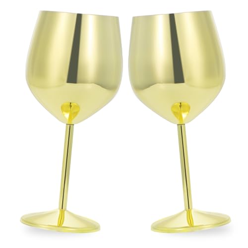 Kinsinder 2pcs Edelstahl Weingläser, Weinbecher Weinglas Rotweinglas Sektkelch, Unzerbrechlich Weinglas Geschenk-Set für Hochzeit Jahrestag Geburtstag Party (Gold) von Kinsinder