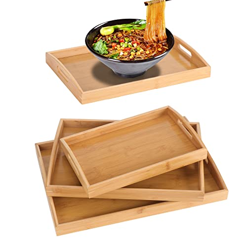 Kinsinder 3 Stück Bambus Tablett Serviertablett, Holztablett Rechteckig mit Griffen, Holz Tablett Küchentabletts für Frühstücks, Tee, Couchtisch von Kinsinder