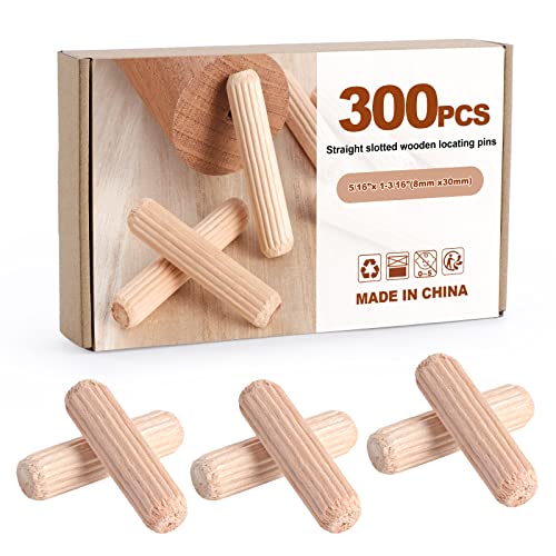 Kinsinder 300Pcs Holzdübel Set, 8x30mm aus hartem Massivholz, gerillte Dübelstifte für Reparatur von Möbeln, Handwerksprojekten, Heimwerker (300 Stück 8x30mm) von Kinsinder