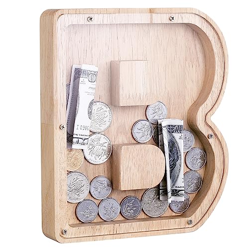 Kinsinder Holz Buchstaben Spardose, Holz Spardose Kinder Personalisierte Kreative Brief Münzbank Spardose mit Alphabet Aufklebern für Familie, Weihnachten, Geburtstag, Geschenk (B, S) von Kinsinder