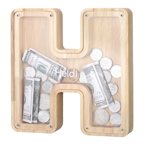 Kinsinder Holz Buchstaben Spardose, Holz Spardose Kinder Personalisierte Kreative Brief Münzbank Spardose mit Alphabet Aufklebern für Familie, Weihnachten, Geburtstag, Geschenk (H, S) von Kinsinder