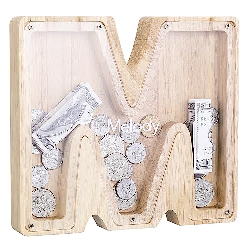 Kinsinder Holz Buchstaben Spardose, Holz Spardose Kinder Personalisierte Kreative Brief Münzbank Spardose mit Alphabet Aufklebern für Familie, Weihnachten, Geburtstag, Geschenk (M, S) von Kinsinder