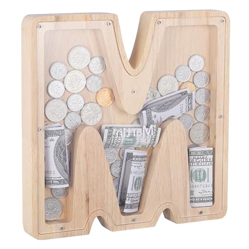 Kinsinder Holz Buchstaben Spardose, Holz Spardose Kinder Personalisierte Kreative Brief Münzbank Spardose mit Alphabet Aufklebern für Familie, Weihnachten, Geburtstag, Geschenk (M, L) von Kinsinder