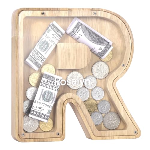 Kinsinder Holz Buchstaben Spardose, Holz Spardose Kinder Personalisierte Kreative Brief Münzbank Spardose mit Alphabet Aufklebern für Familie, Weihnachten, Geburtstag, Geschenk (R, S) von Kinsinder