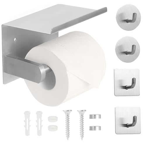 Kinsinder Toilettenpapierhalter Ohne Bohren mit Ablage, Edelstahl Klopapierhalter Selbstklebende WC Papier Halterung mit 4 Klebehaken Wandmontage Klorollenhalter für Küche und Bad (Silber) von Kinsinder