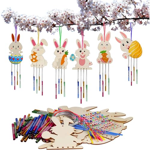 12PCS Windspiel Set für Kinder, Kreative Cartoon Kaninchen Windspiele aus Holz, DIY Hängende Dekorationen Holz, Kunsthandwerksgeschenk, Handgefertigtes Holz Bastelset für Garten und Heimdekoration von Kinwodon