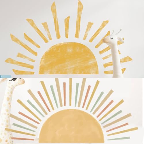 2 Stück Boho Halbe Sonne Wandaufkleber, Kinderzimmer Wandkunst, Abnehmbare Sunburst Wandaufkleber, Moderne Großer Sonne Wandaufkleber, Kinderzimmer, Dekoration für Kinder, Babys, Jungen und Mädchen von Kinwodon