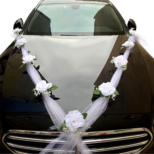 Autoschleifen Hochzeitsauto Blumen, 9 Künstliche Rosen mit Saugnäpfen, Auto Dekoration, Schleifen, Blumen-Requisiten für Hochzeitsauto, Autotürgriff Verzierungszubehör, Party, Hochzeitsdekoration von Kinwodon