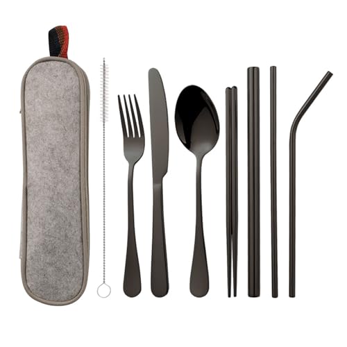 Besteckset Schwarzes 9 Stück, Mattem Edelstahl Essbesteck, Essgeschirr für die Küche, Inklusive Gabel Messer Löffel Strohhalmen Essstäbchen, Spülmaschinenfest, Utensilien Sets für zu Hause Restaurant von Kinwodon