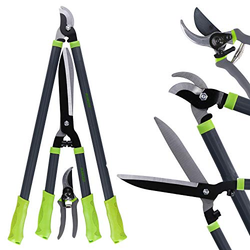 Kinzo Gartenscheren 3er Set | Bypass Astschere 67cm, Heckenschere 52cm, Bypass Rebschere 19cm | Perfekt für Formschnitte an Hecken,Bäumen, Büschen und Sträuchern von Kinzo