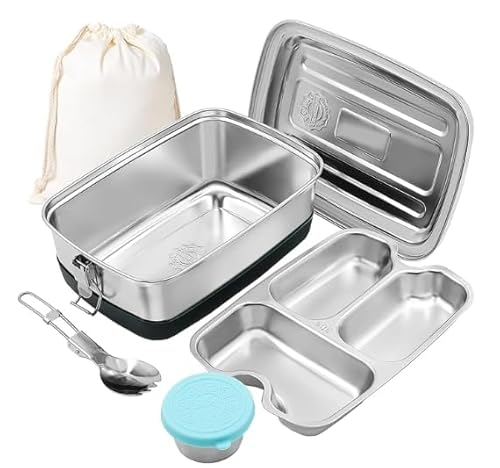 Brotdose Edelstahl, Brotdose mit Fächern, Bento Box Edelstahl mit Fächer und Dichtring für Erwachsene und Kinder, Lunchbox mit Stoffbeutel für Picknick,Schule, Arbeit, 2000 ml von Kioiner