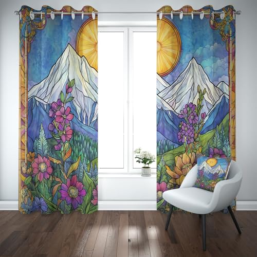 Kioldoq Berg Glasmalerei Vorhang Blickdicht Schlafzimmer, Sonne Blume Gardinen Wohnzimmer 2er Set, Natur Landschaft Verdunklungsgardine Mit Ösen, Thermovorhang Kälteschutz 183 x 117 cm von Kioldoq