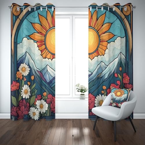 Kioldoq Berg Glasmalerei Vorhang Blickdicht Schlafzimmer, Sonne Blume Gardinen Wohnzimmer 2er Set, Natur Landschaft Verdunklungsgardine Mit Ösen, Thermovorhang Kälteschutz 183 x 117 cm von Kioldoq