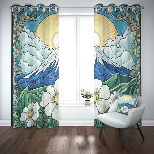 Kioldoq Berg Glasmalerei Vorhang Blickdicht Schlafzimmer, Sonne Blume Gardinen Wohnzimmer 2er Set, Natur Landschaft Verdunklungsgardine Mit Ösen, Thermovorhang Kälteschutz 225x140 cm von Kioldoq