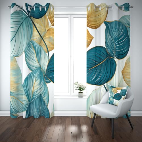 Kioldoq Blatt Botanisch Vorhang Ösen Verdunkelung, Pflanzen Blau Vorhange 220x140 cm, Modern Kunst Blickdichte Gardinen Wohnzimmer 2er Set, Thermovorhang Kälteschutz Schlafzimmer von Kioldoq