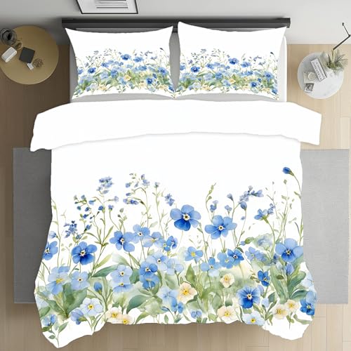 Kioldoq Blau Blume Bettwäsche 135x200 cm, Blumenmuster Frühling Bettbezug Aus Microfaser, Pflanzen Blüten Bettwäsche Set Weich Wendebettwäsche Mit Reißverschluss 3er Set Und 2 Kissenbezug von Kioldoq