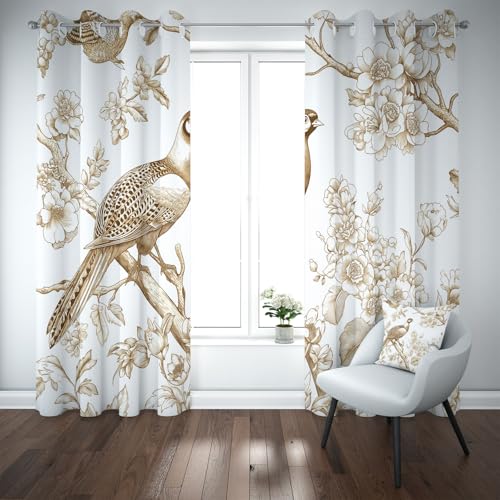 Kioldoq Blüten Pflanzen Vorhang Blickdicht Schlafzimmer, Vogel Tier Gardinen Wohnzimmer 2er Set, Zweig Botanisch Verdunklungsgardine Mit Ösen, Thermovorhang Kälteschutz 225x140 cm von Kioldoq