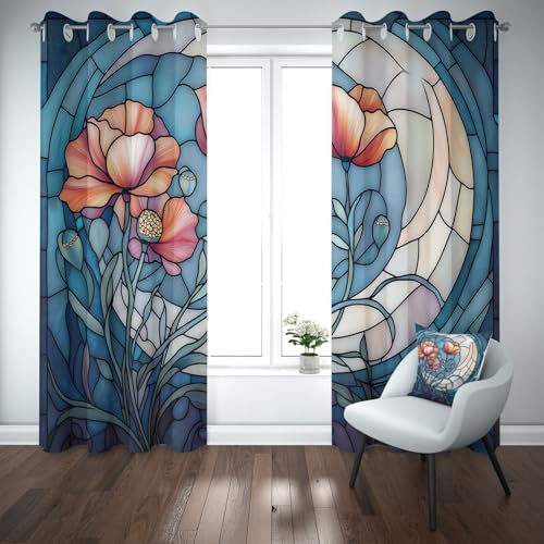 Kioldoq Blüten Pflanzen Vorhang Ösen Verdunkelung, Mohn Blumenmuster Vorhange 220x140 cm, Floral Botanisch Blickdichte Gardinen Wohnzimmer 2er Set, Thermovorhang Kälteschutz Schlafzimmer von Kioldoq