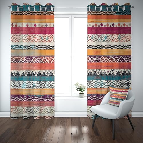 Kioldoq Bohemian Gestreift Thermo Gardinen 183x117cm, Tradition Ethnischer Blickdichter Vorhang Mit Ösen 2er Set, Exotisch Geometrie Thermovorhang Kälteschutz Wohnzimmer, Blackout Curtain Schlafzimmer von Kioldoq