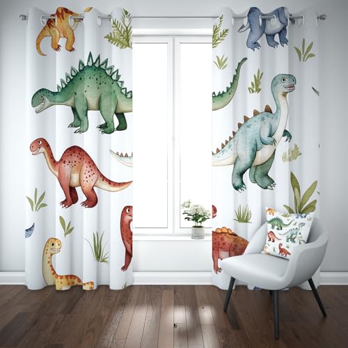 Kioldoq Dinosaurier Tier Vorhäng Blickdichte 137x117 cm, Cartoon Tier Verdunklungsvorhänge Mit Ösen, Blatt Lustig Gardinen Blackout, Schallschutz Vorhänge, Thermovorhang Kälteschutz 2er Set von Kioldoq