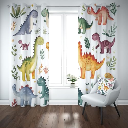 Kioldoq Dinosaurier Tier Vorhang Mit Ösen, Cartoon Tierdruck Gardinen Wohnzimmer, Blatt Lustig Vorhänge Blickdicht 2er Set, Thermovorhang Kälteschutz 145x140 cm, Schallschutz Vorhäng Schlafzimmer von Kioldoq