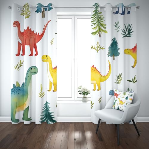 Kioldoq Dinosaurier Tier Vorhang Ösen Verdunkelung, Blatt Lustig Vorhange 175x 140 cm, Cartoon Tierdruck Blickdichte Gardinen Wohnzimmer 2er Set, Thermovorhang Kälteschutz Schlafzimmer von Kioldoq