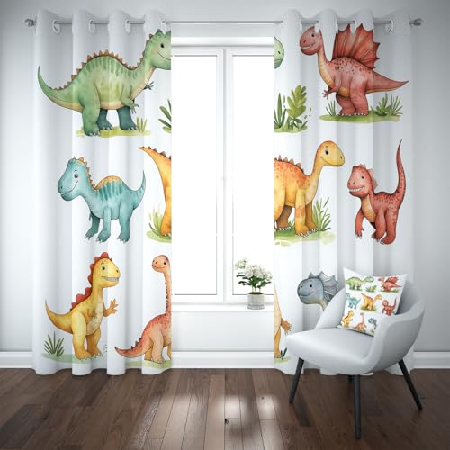 Kioldoq Dinosaurier Tier Vorhang Ösen Verdunkelung, Blatt Lustig Vorhange 220x140 cm, Cartoon Tierdruck Blickdichte Gardinen Wohnzimmer 2er Set, Thermovorhang Kälteschutz Schlafzimmer von Kioldoq