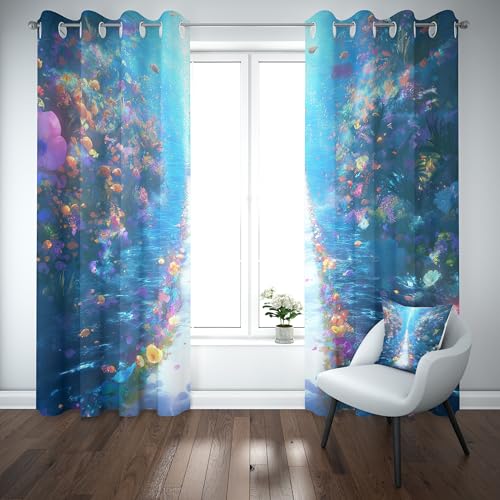 Kioldoq Fisch Meerestiere Verdunklungsvorhänge, Blickdicht Vorhänge Unterwasserwelt 2er Set mit Osen 145x140 cm Fantasie Vorhänge für Schlafzimmer, Thermovorhang Kälteschutz Wohnzimmer von Kioldoq