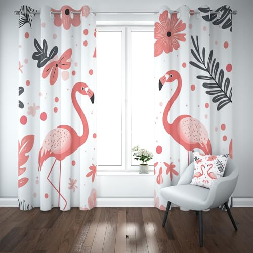 Kioldoq Flamingo Tropisch Vorhäng Blickdichte 137x117 cm, Tier Blüten Verdunklungsvorhänge Mit Ösen, Blatt Zweig Gardinen Blackout, Schallschutz Vorhänge, Thermovorhang Kälteschutz 2er Set von Kioldoq
