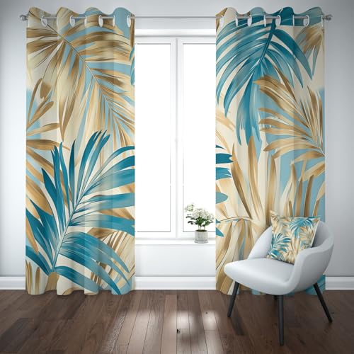 Kioldoq Palmenblätter Pflanzen Verdunkelungsvorhang Ösen, Blatt Botanisch Vorhang Blickdicht 2er Set Modern Curtain Blackout Schlafzimmer, Thermovorhang Kälteschutz, Gardinen Wohnzimmer 245x140 cm von Kioldoq