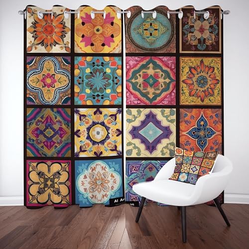 Kioldoq Patchwork Exotisch Gardinen mit Osen, Indischer Hippie Vorhang 2er Set 215x110 cm, Bohemian Handicrafts Blickdichte Gardinen, Thermovorhang für Schlafzimmer Wohnzimmer Fensterdekoration von Kioldoq