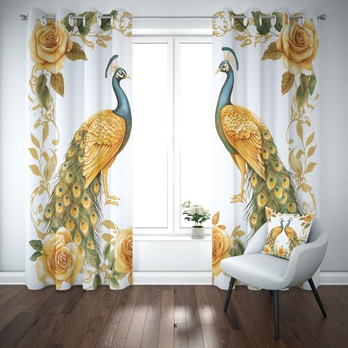 Kioldoq Pfau Tier Gardinen Blickdicht mit Osen 2er Set 220x140 cm Wildtiere Vogel Verdunklungsvorhänge für Schlafzimmer, Schön Elegante Vorhang für Wohnzimmer Fensterdekoration von Kioldoq