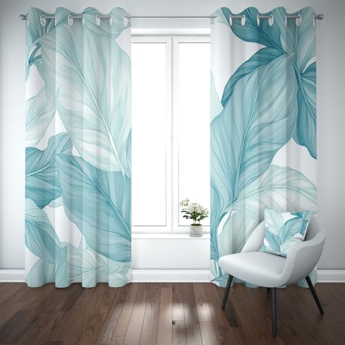 Kioldoq Pflanzen Blau Vorhäng Blickdichte 137x117 cm, Blatt Botanisch Verdunklungsvorhänge Mit Ösen, Modern Kunst Gardinen Blackout, Schallschutz Vorhänge, Thermovorhang Kälteschutz 2er Set von Kioldoq