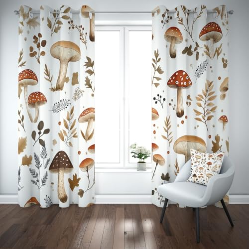 Kioldoq Pilz Botanisch Vorhang Blickdicht Schlafzimmer, Wildpflanzen Zweig Gardinen Wohnzimmer 2er Set, Blatt Pflanzen Verdunklungsgardine Mit Ösen, Thermovorhang Kälteschutz 183 x 117 cm von Kioldoq