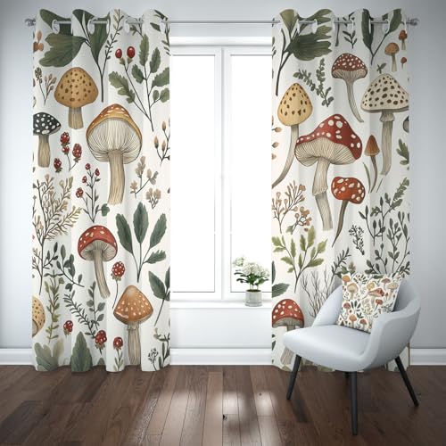Kioldoq Pilz Botanisch Vorhang Mit Ösen, Blatt Pflanzen Gardinen Wohnzimmer, Wildpflanzen Zweig Vorhänge Blickdicht 2er Set, Thermovorhang Kälteschutz 145x140 cm, Schallschutz Vorhäng Schlafzimmer von Kioldoq