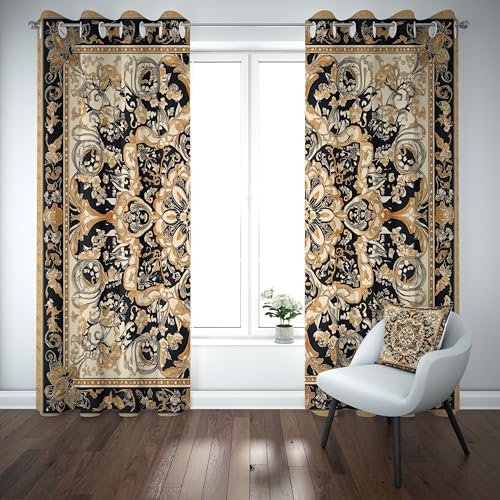 Kioldoq Popular Klassische Vorhang Blickdicht Europäisch Gardinen mit Osen 2er Set Schwarz Gold Thermovorhang Kälteschutz für Jugend Schlafzimmer, Wohnzimmer 137x117 cm von Kioldoq