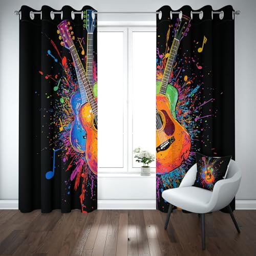 Kioldoq Rockmusik Gitarre Verdunkelungsvorhang Ösen, Musik Notiz Vorhang Blickdicht 2er Set, Graffiti Kunst Curtain Blackout Schlafzimmer, Thermovorhang Kälteschutz, Gardinen Wohnzimmer 215 x110 cm von Kioldoq