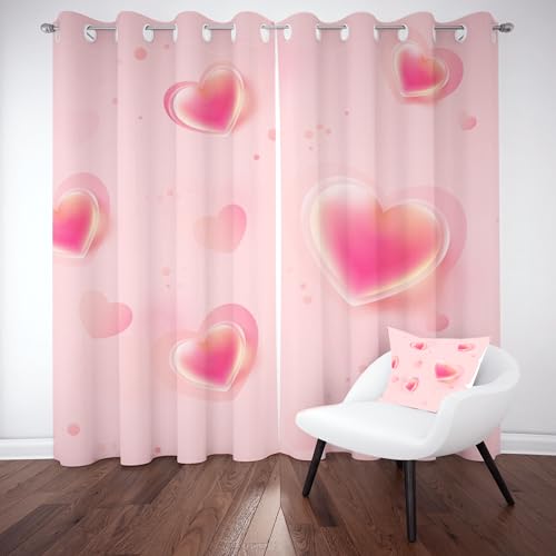 Kioldoq Rosa Herz Gardinen mit Osen, Modern Einfache Vorhang 2er Set 215x110 cm, Kind Mädchen Blickdichte Gardinen, Thermovorhang für Schlafzimmer Wohnzimmer Fensterdekoration von Kioldoq