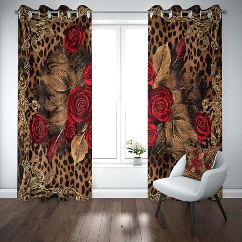 Kioldoq Rose Tier Vorhäng Blickdichte 137x117 cm, Blumenmuster Botanisch Verdunklungsvorhänge Mit Ösen, Wildtiere Leopard Gardinen Blackout, Schallschutz Vorhänge, Thermovorhang Kälteschutz 2er Set von Kioldoq