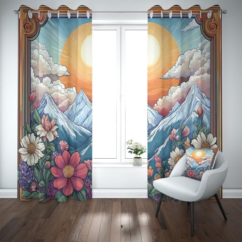 Kioldoq Sonne Blume Vorhang Blickdicht Schlafzimmer, Berg Glasmalerei Gardinen Wohnzimmer 2er Set, Natur Landschaft Verdunklungsgardine Mit Ösen, Thermovorhang Kälteschutz 183 x 117 cm von Kioldoq