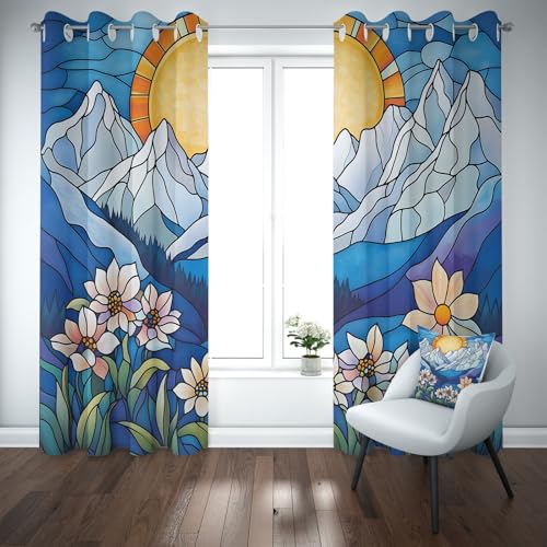 Kioldoq Sonne Blume Vorhang Blickdicht Schlafzimmer, Natur Landschaft Gardinen Wohnzimmer 2er Set, Berg Glasmalerei Verdunklungsgardine Mit Ösen, Thermovorhang Kälteschutz 183 x 117 cm von Kioldoq