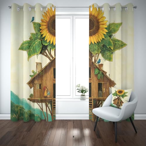 Kioldoq Sonnenblume Blumenmuster Verdunkelungsvorhang Ösen, Gelbe Blume Vorhang Blickdicht 2er Set, Pflanzen Curtain Blackout Schlafzimmer, Thermovorhang Kälteschutz, Gardinen Wohnzimmer 245x140 cm von Kioldoq